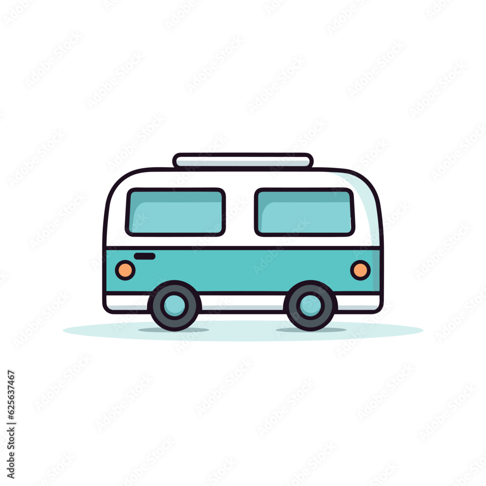 Vector of a flat blue and white bus with a surfboard on top, ready for a beach adventure Vector of a flat blue and white bus with a surfboard on top, ready for a beach adventure