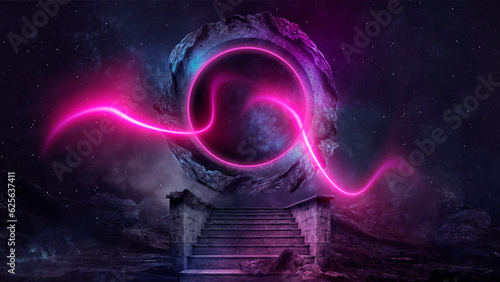 Fantasy night mountain landscape, moonlight and nebulae. Ancient round stone portal, neon light, stairs up. 