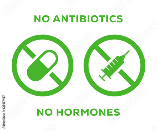 No antibiotics food label stamp, hormones free farm grown chicken and beef or pork meat vector logo. Natural healthy antibiotics free products certificate seal