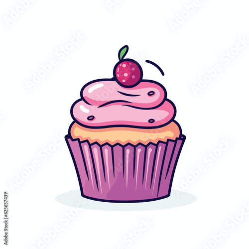 Vector of a delicious cupcake with pink frosting and a cherry on top