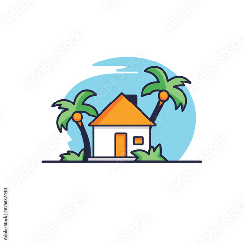 Vector of a beachfront house surrounded by palm trees