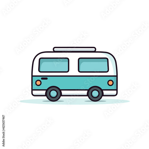 Vector of a flat blue and white bus with a surfboard on top, ready for a beach adventure