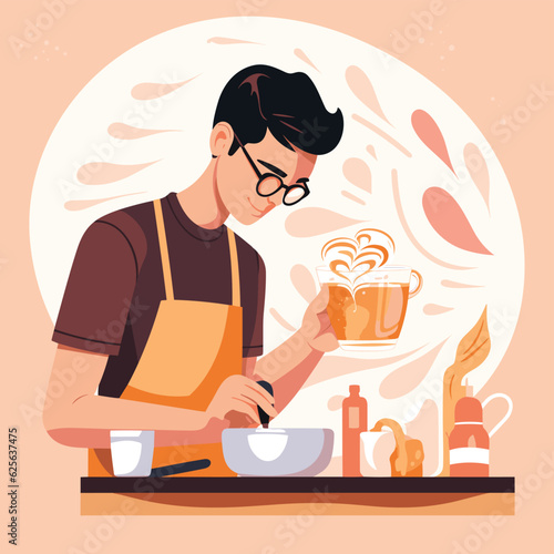 Vector of a man mixing ingredients in a bowl while wearing an apron