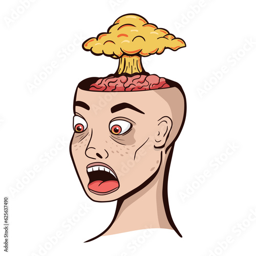 Vector doodle image with Humans head with open brain case with a cloud of a huge nuclear explosion. Mind Blowing concept.
