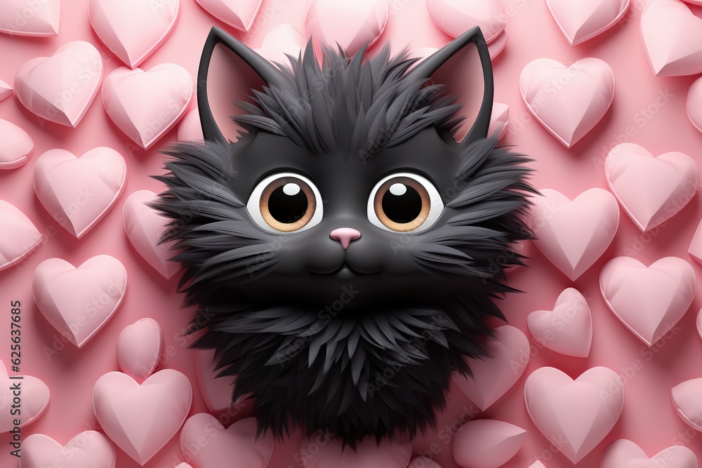 Cute fluffy black cat on a pink hearts background. Generated ai. Cute fluffy black cat on a pink hearts background. Generated ai.