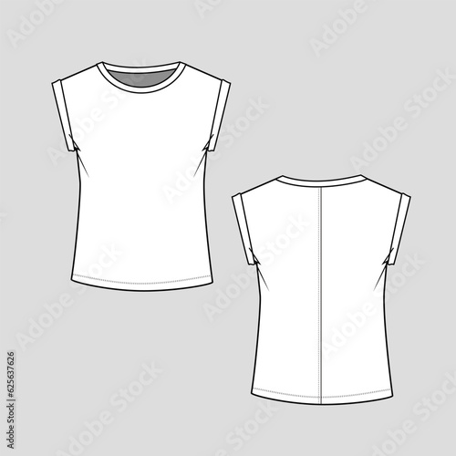 Women t shirt kimono roll up cap sleeve round neck top blouse fashion flat sketch technical drawing template design vector.
