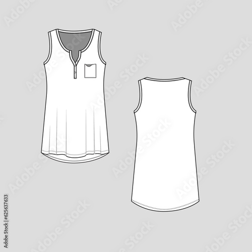 Women Tank top Henley neck buttons with pocket fashion flat sketch technical drawing template cad mock up design vector