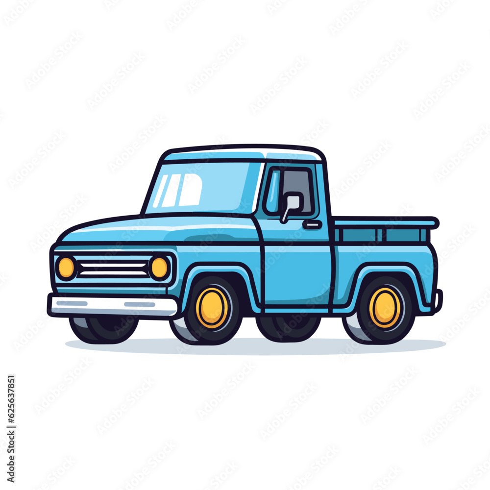 Vector of a blue truck with yellow wheels on a white background