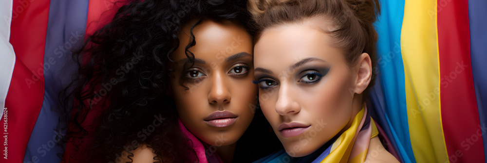 Obraz premium Close-up of a couple of women hugging. Modern and disruptive aesthetics. Wrapped with the colorful flag. panoramic format. LGBT concept, women empowerment. Feminist movement.