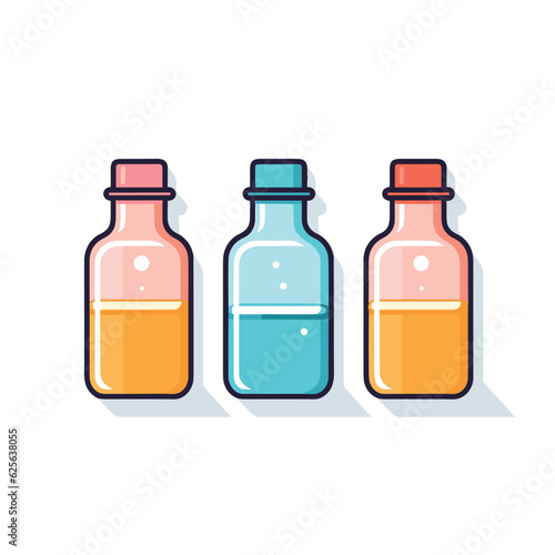 Vector of three flat bottles with various colored liquids inside