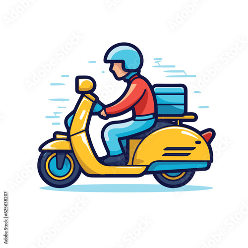 Vector of a man riding a yellow scooter with a box on the back in a flat landscape