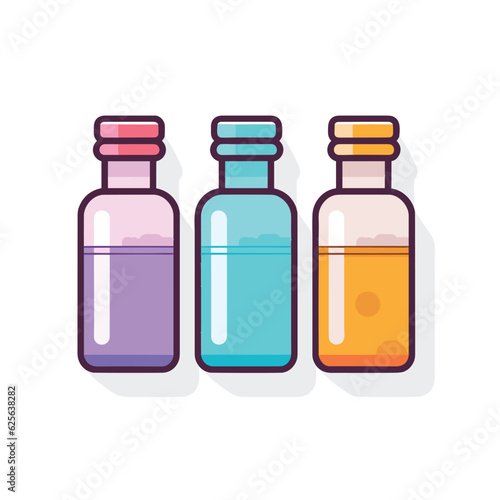 Vector of three bottles with colorful liquids on a flat surface