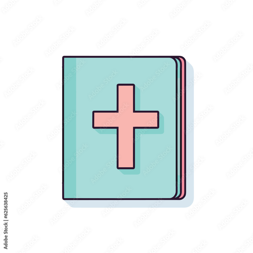Vector of a flat lay view of a book with a cross symbol on the cover