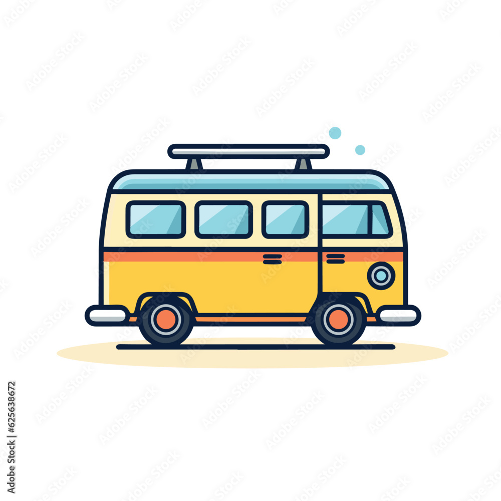Vector of a bright yellow van with a surfboard on its roof, ready for a day of surfing at the beach