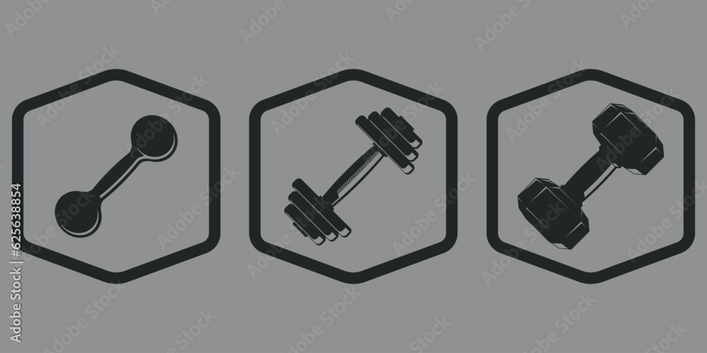 Set of black dumbbell icons. Sport and fitness. Vector on a gray background