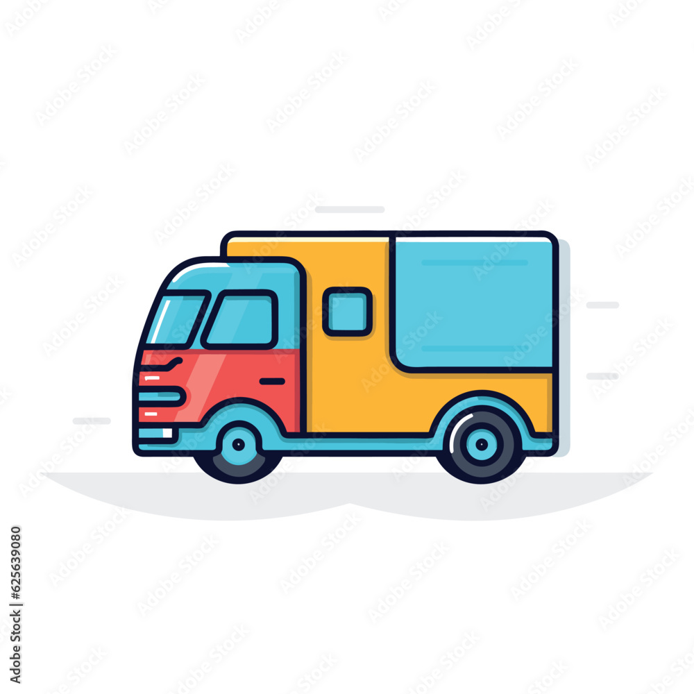Flat vector icon a flat vector icon of a small yellow and red truck with a blue roof