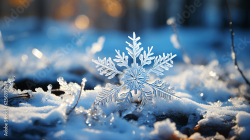 detail of a Snowflake in front of a winter landscape with snow bokeh sparkling © bmf-foto.de