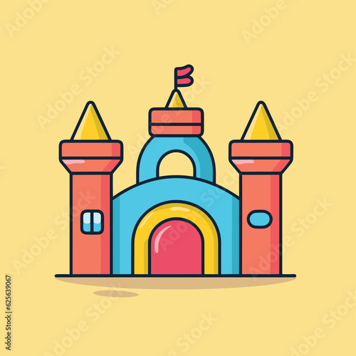 Flat vector icon a vibrant castle with a waving flag on its highest tower