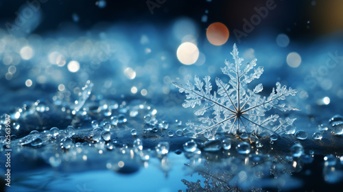 detail of a Snowflake in front of a winter landscape with snow bokeh sparkling