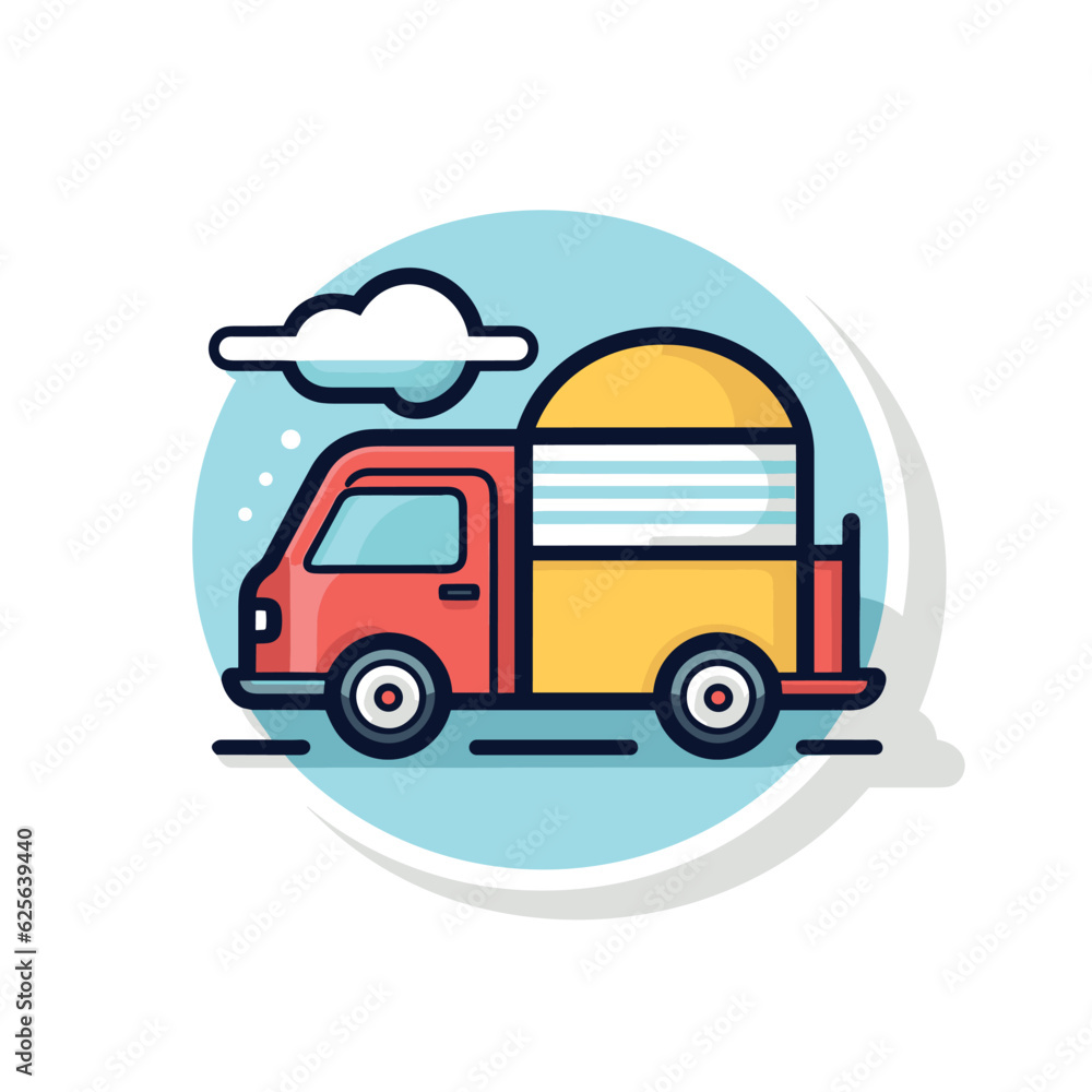 Vector flat icon of a retro truck with a surfboard on its back, ready for a beach adventure