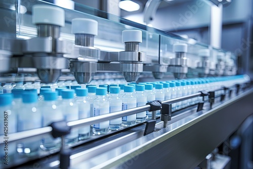 Medical vials on production line at pharmaceutical factory. Laboratory machine working chemical glass bottles production line. Generative AI