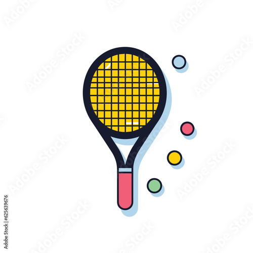 Vector flat icon of a tennis racket with balls flying out in a dynamic motion