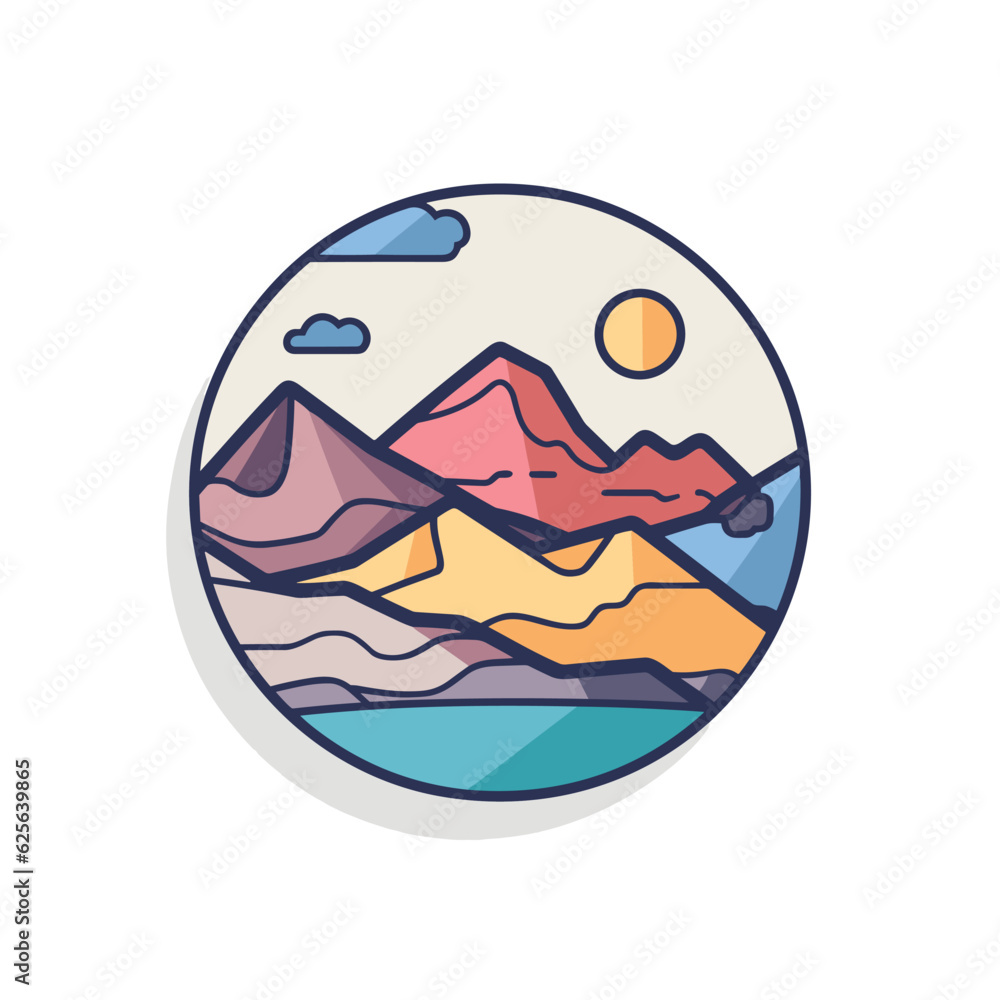Obraz premium Vector flat icon of a round vector icon with mountains and clouds in the background