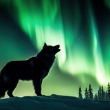 Silhouette of wolf and countryside with starry night and aurora borealis. Created with generative AI technology.