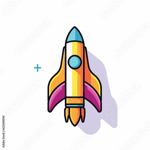 Vector flat icon of a vibrant rocket ship soaring through the sky with a trail of colorful exhaust behind it