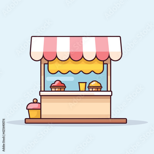 Vector flat icon of a charming ice cream shop with a pink and white awning