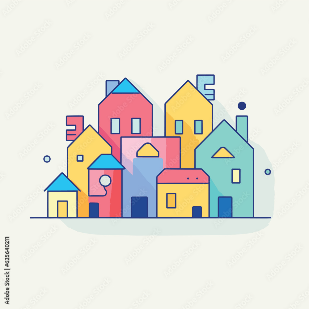 Vector flat icon of a colorful neighborhood with blue skies in the background