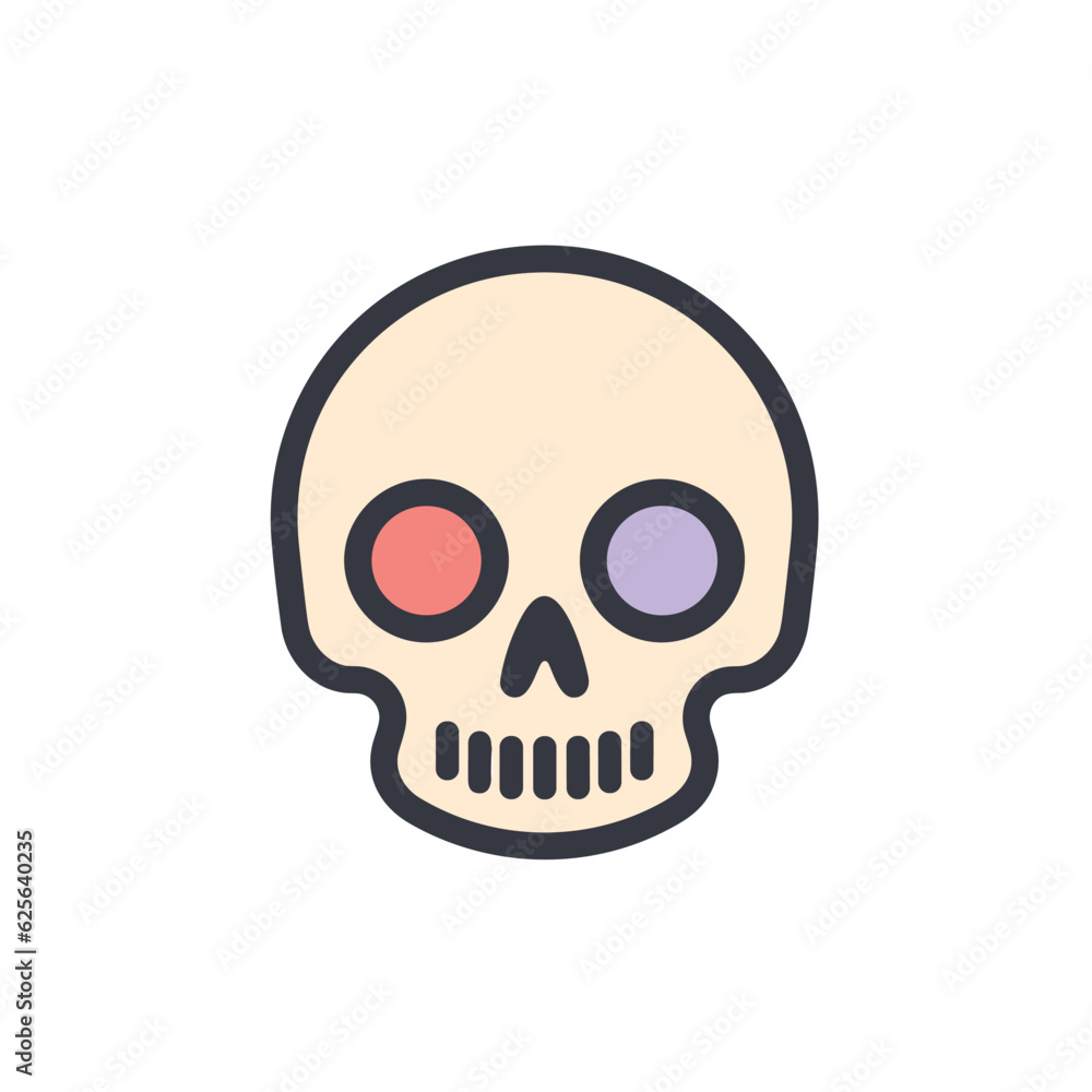 Fototapeta premium Vector flat icon of a flat vector icon of a skull with two colored eyes