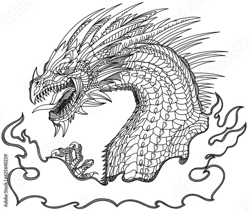 Dragon head, a medieval European mythological creature, angry with open jaws, fire-breathing, side view. Black and white graphic style vector