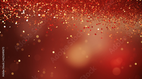 Red and gold background with a multitude of small  shiny  and sparkling lights and confetti pieces scattered. 