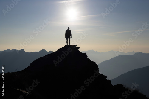 Silhouette of a Person on the Mountain Peak. Generative AI