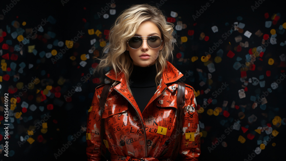 Schönes Model Frau mit Lederjacke und vielen Notiz Zettel an der Wand Porträt, ai generativ Schönes Model Frau mit Lederjacke und vielen Notiz Zettel an der Wand Porträt, ai generativ