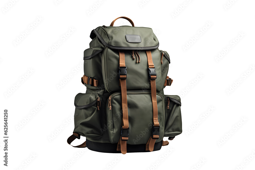tourist khaki backpack on a transparent background. png file. Generative AI - obrazy, fototapety, plakaty 