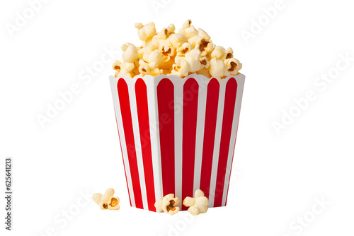 Popcorn in a red and white striped box. png file. Generative AI