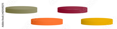 Colored podiums, orange, red, dark yellow. Round empty 3d podiums with subtle shadows. Showroom pedestals. Vector Illustration Mock up. Perfect for food and fashion products, fall concept.