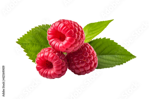 Raspberries with leaves on a transparent background. png file. Generative AI
