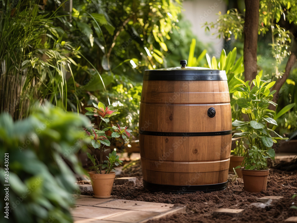 a rain barrel collecting water, garden in the background, symbolizing water conservation, afternoon light a rain barrel collecting water, garden in the background, symbolizing water conservation, afternoon light