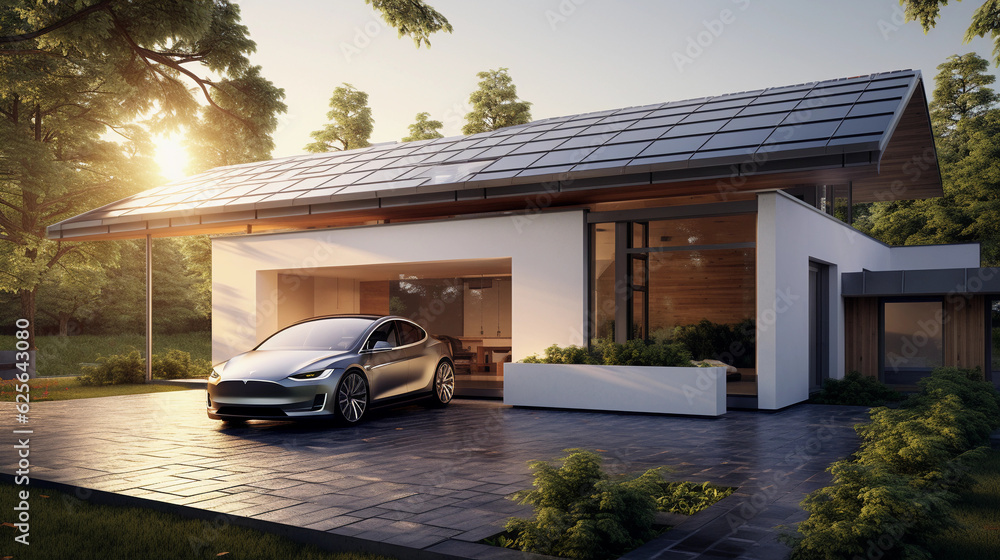 a minimalist, eco - friendly home, solar panels on the roof, surrounded by lush greenery, an electric car charging in the driveway, morning sunlight