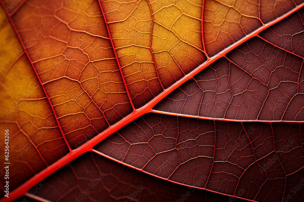 Obraz premium image of an autumn leaf's texture, emphasizing the veins and the vibrant mix of orange, red, and yellow colors