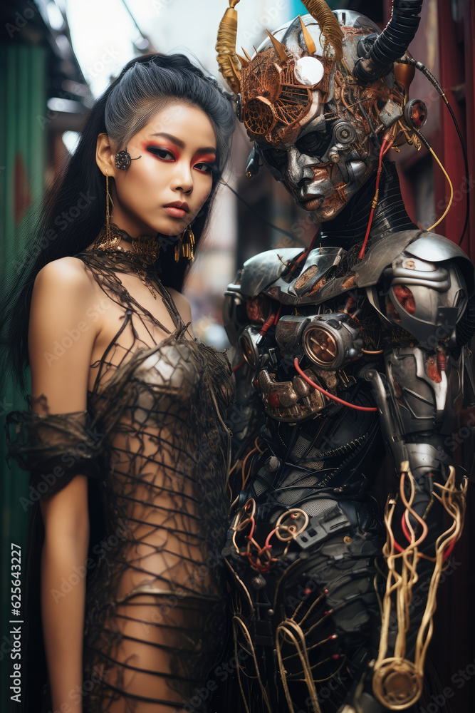 Naklejka premium Japanese Cyberpunk Girls and cyborg robots with traditional and body mod clothing