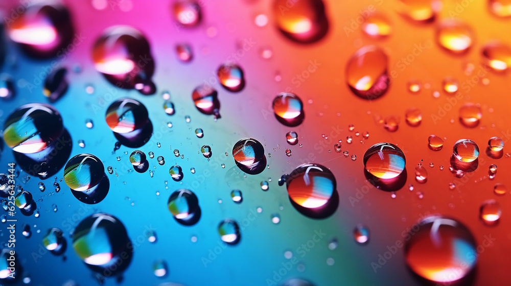 water droplets on a vibrant, rainbow - hued surface, emphasis on the light reflection, close - up