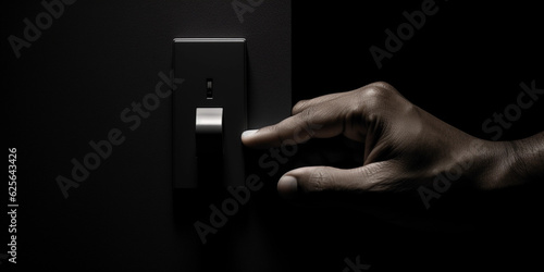 a hand turning off the light switch, emphasizing energy conservation, dramatic lighting