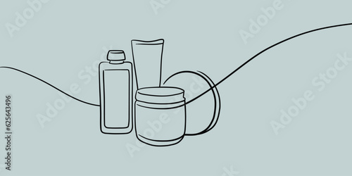 Cosmetics set outline. Cream tubes makeup continuous one line drawing. Face care items. Decorative product cosmetics on blue background