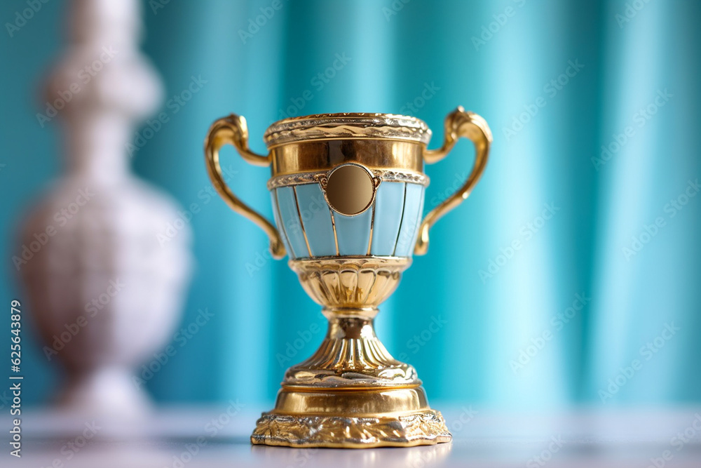 Gold winner cup on blue background. Golden champion cup, trophy for the winner, award, victory, first place of competition, winning and success concept. Copy space. Ai generated Gold winner cup on blue background. Golden champion cup, trophy for the winner, award, victory, first place of competition, winning and success concept. Copy space. Ai generated