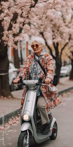 Generative AI, a gray-haired elderly stylish woman in glasses on an electric scooter or moped rides along a blooming spring European street, grandmother and modern transport, old age, active lifestyle © Julia Zarubina