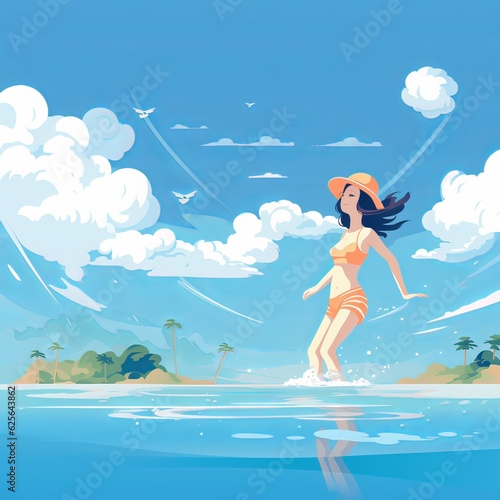 Summer vacation vector illustration of a woman in the beach. Generative ai
